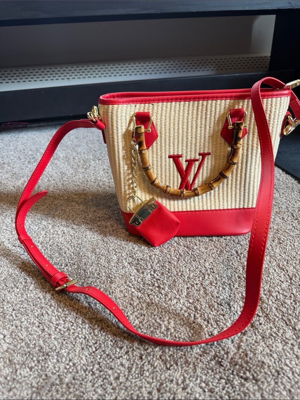 Red Trim Natural Straw Crossbody with Bamboo Handle